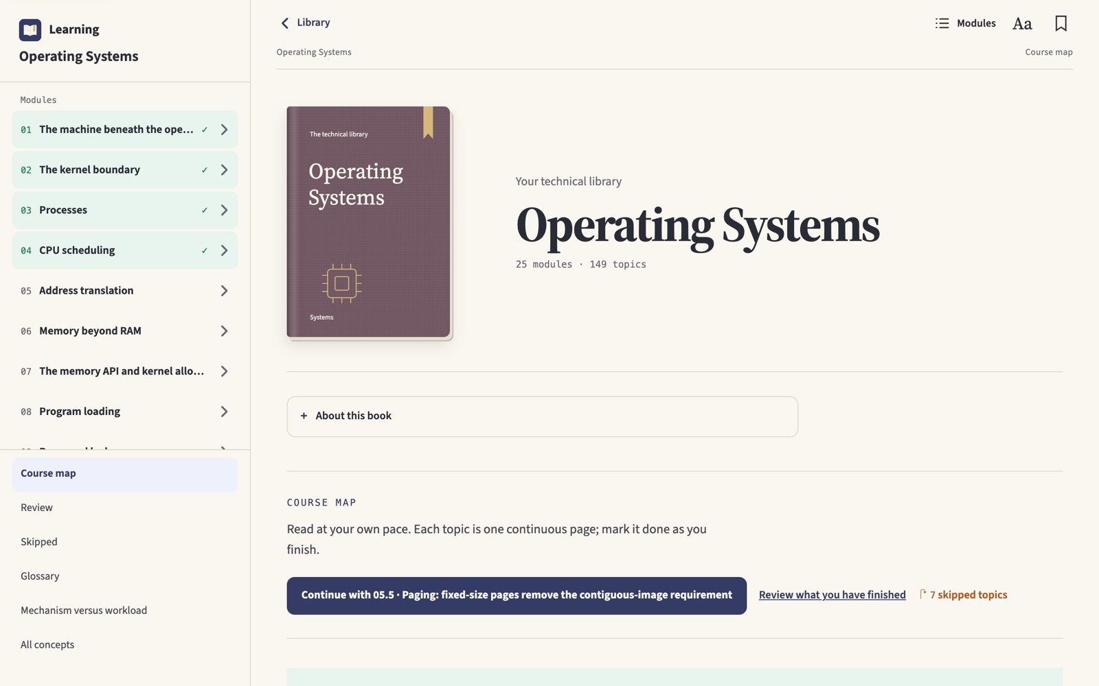 A course page: modules down the side, a course map, and a “continue where you left off” button.