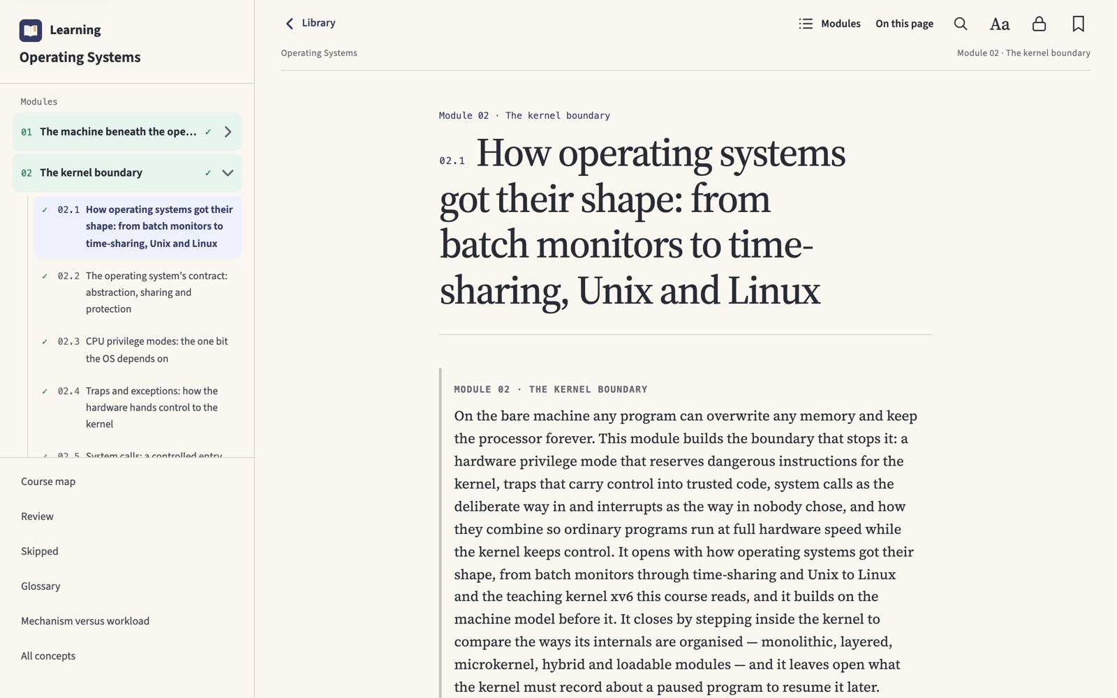 A lesson: every topic opens by saying what problem it inherits and what it leaves open.