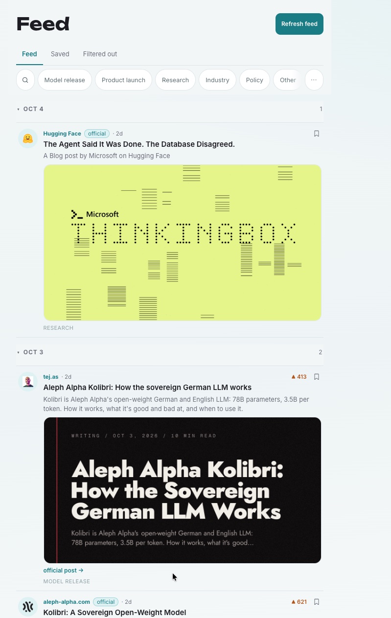 The Feed: AI news grouped by day, filterable by model releases, launches, research and policy.